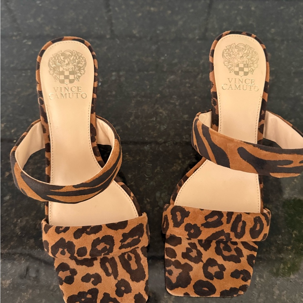 Vince Camuto Brown Heels with Animal Print and Strappy Design